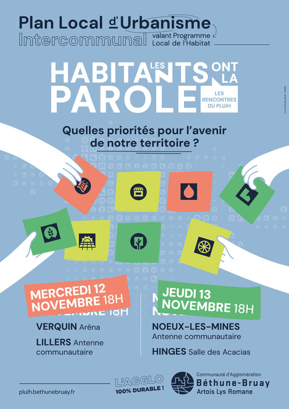 affiche des dates des Rencontres PLUiH - le 12 novembre à 18 heures Verquin aréna et Lillers Antenne communautaire et le 13 novembre à Noeux antenne communautaire et hinges salle des acacias.